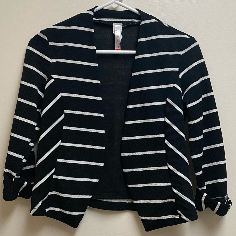 Simply Ruby 3/4 Sleeve Black/White Striped Blazer